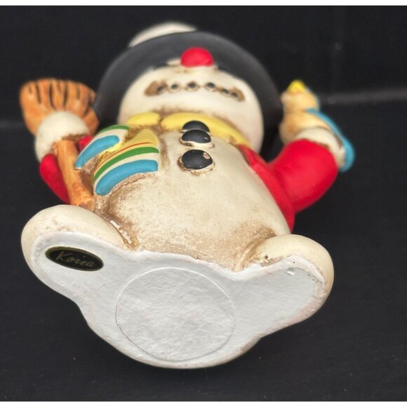 VINTAGE Hand-Painted Earthenware Snowman Ornament w Broom Bluebird Traditional - Picture 8 of 14